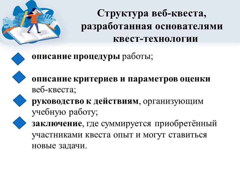 Структура веб-квеста, разработанная основателями квест-технологии описание процедуры работы; описание критериев и параметров оценки веб-квеста; руководство к действиям , организующим учебную работу; заключение , где суммируется…