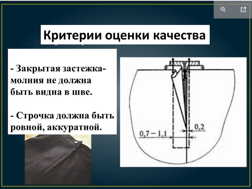 Закрытая застежка-молния не должна быть видна в шве