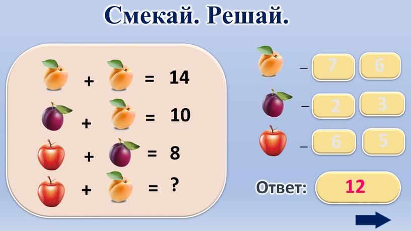 Смекай. Решай. + = 14 + = 8 + = 10 + = ?