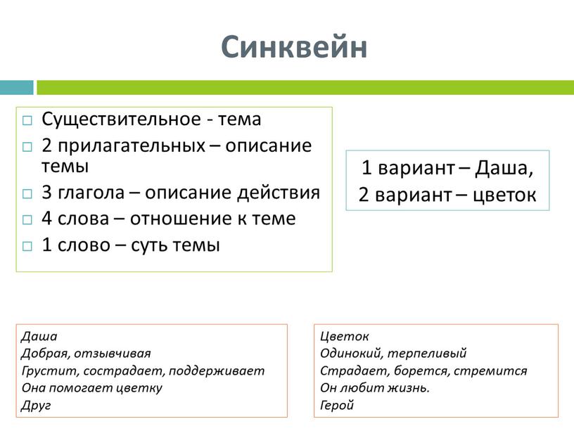 Синквейн Существительное - тема 2 прилагательных – описание темы 3 глагола – описание действия 4 слова – отношение к теме 1 слово – суть темы…