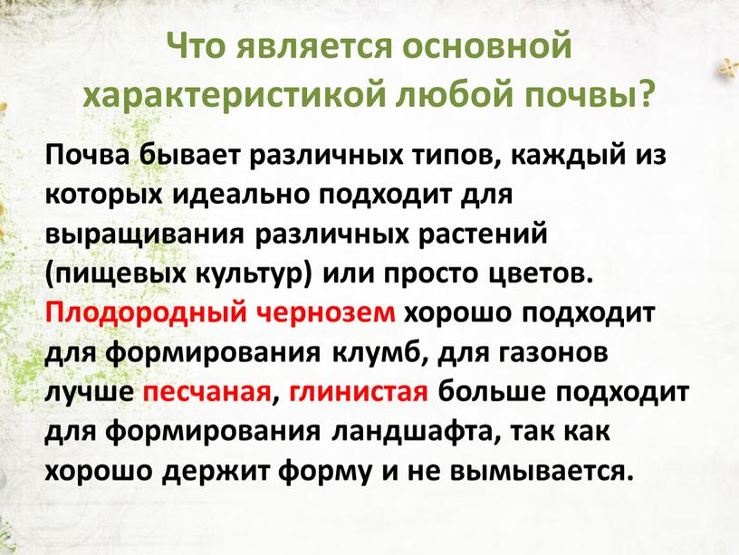 Что является основной характеристикой любой почвы?