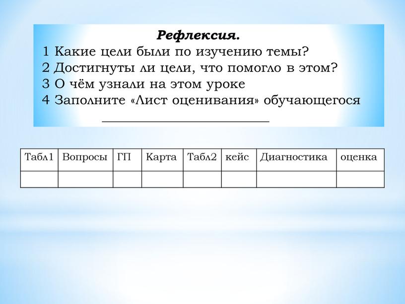 Рефлексия. 1 Какие цели были по изучению темы? 2