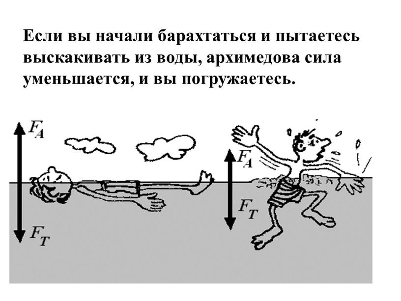 Если вы начали барахтаться и пытаетесь выскакивать из воды, архимедова сила уменьшается, и вы погружаетесь