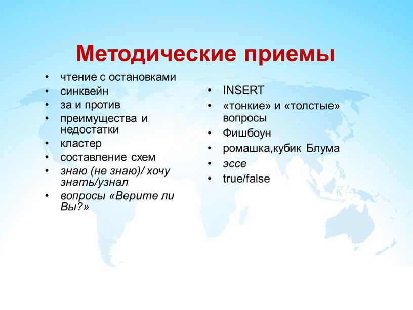 Методические приемы чтение с остановками синквейн за и против преимущества и недостатки кластер составление схем знаю (не знаю)/ хочу знать/узнал вопросы «Верите ли