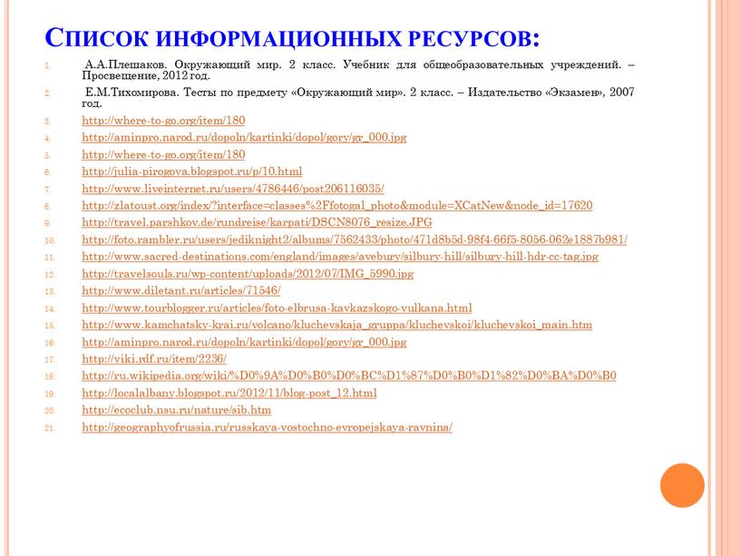 Список информационных ресурсов: