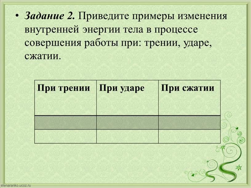 Задание 2. Приведите примеры изменения внутренней энергии тела в процессе совершения работы при: трении, ударе, сжатии