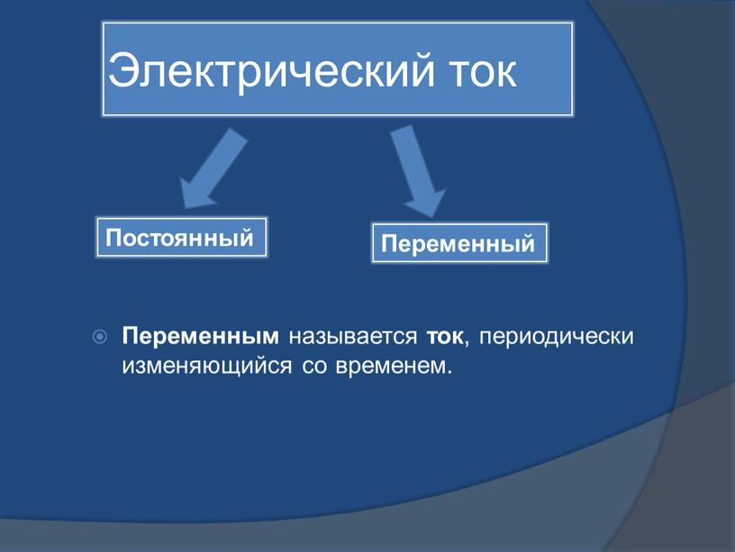 Электрический ток Переменным называется ток , периодически изменяющийся со временем