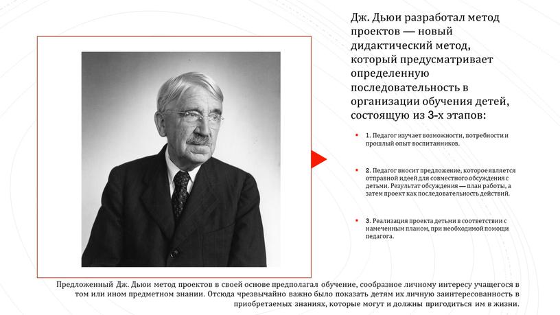 Дж. Дьюи разработал метод проектов — новый дидактический метод, который предусматривает определенную последовательность в организации обучения детей, состоящую из 3-х этапов: