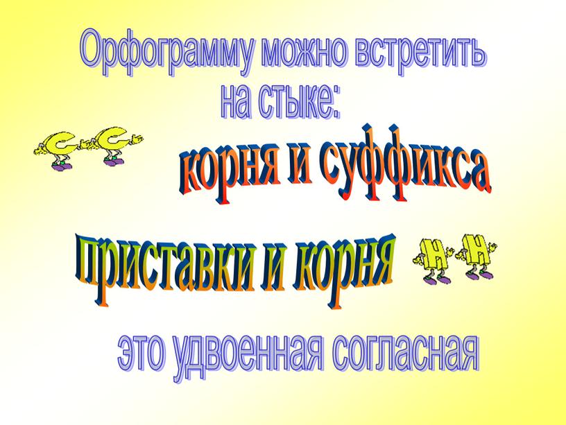 Орфограмму можно встретить на стыке: это удвоенная согласная приставки и корня корня и суффикса