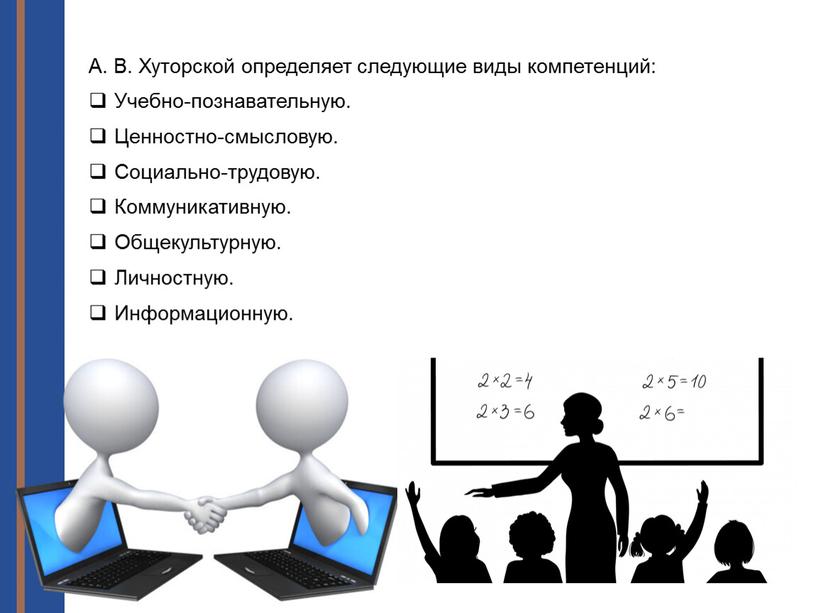 А. В. Хуторской определяет следующие виды компетенций: