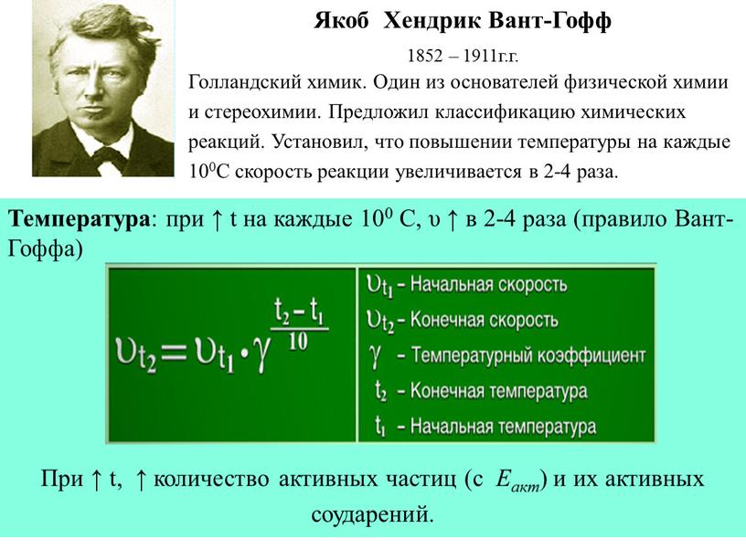 Реакция гоффа бауэра. Якоб Хендрик вант-Гофф. Yakob xendrik vant Groff. Якоб Хендрик вант-Гофф нидерландский Химик. Формула вант Гоффа скорость химической реакции.