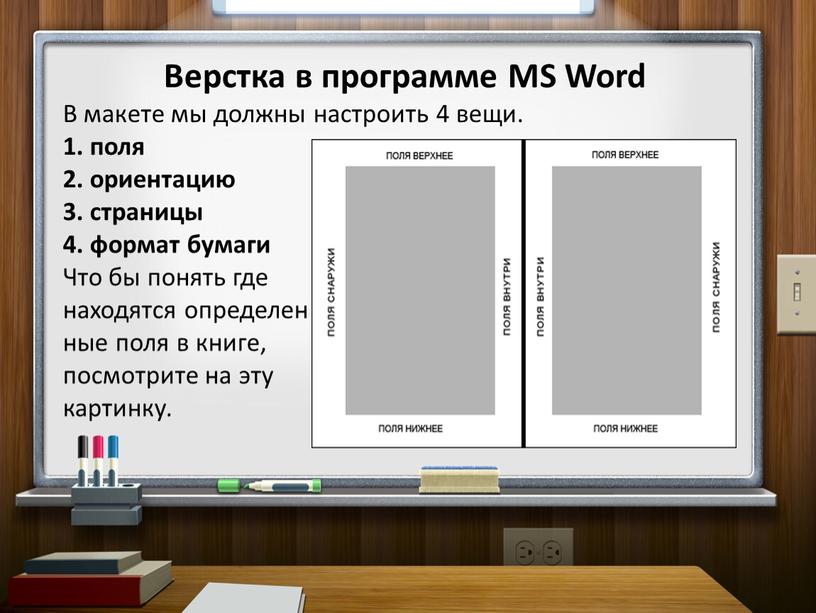 Верстка в программе MS Word В макете мы должны настроить 4 вещи