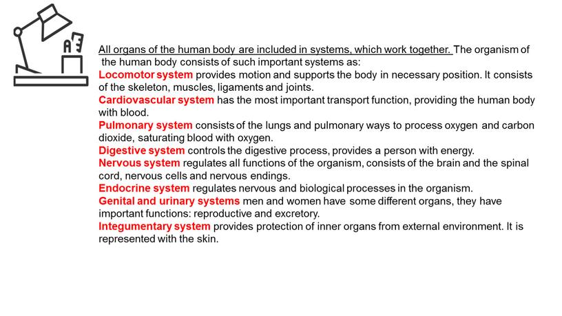 All organs of the human body are included in systems, which work together