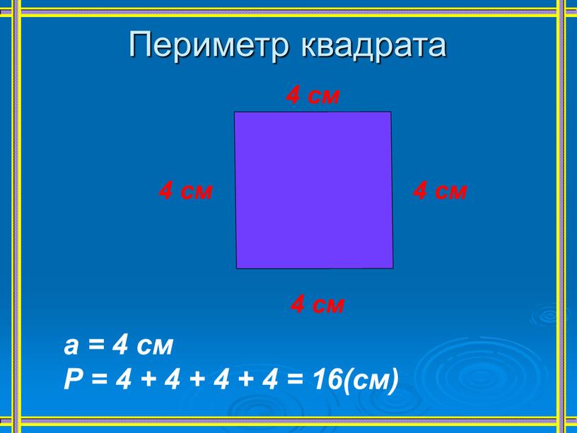 Периметр квадрата 4 см 4 см 4 см 4 см а = 4 см