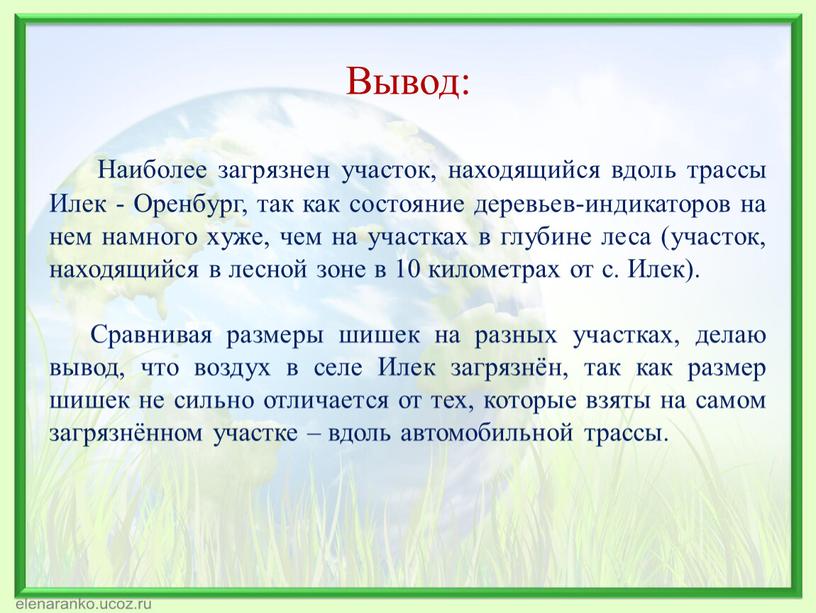 Вывод: Наиболее загрязнен участок, находящийся вдоль трассы