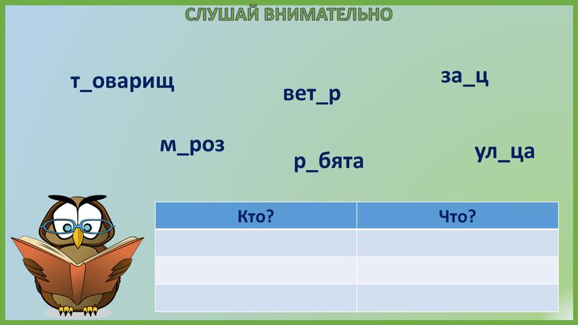 СЛУШАЙ ВНИМАТЕЛЬНО Кто? Что? т_оварищ м_роз ул_ца р_бята за_ц вет_р