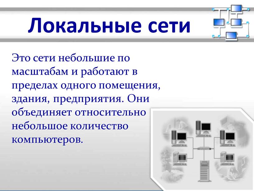 Локальные сети Это сети небольшие по масштабам и работают в пределах одного помещения, здания, предприятия