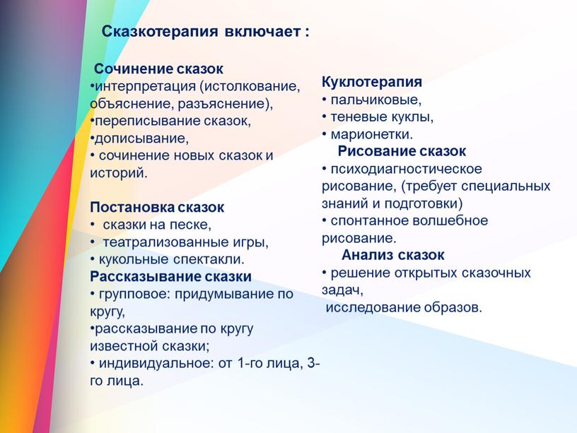 Сказкотерапия включает : Сочинение сказок интерпретация (истолкование, объяснение, разъяснение), переписывание сказок, дописывание, сочинение новых сказок и историй