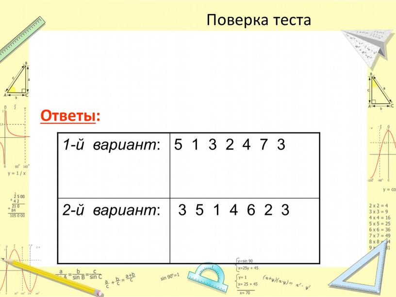 Поверка теста Ответы : 1-й вариант : 5 1 3 2 4 7 3 2-й вариант : 3 5 1 4 6 2 3