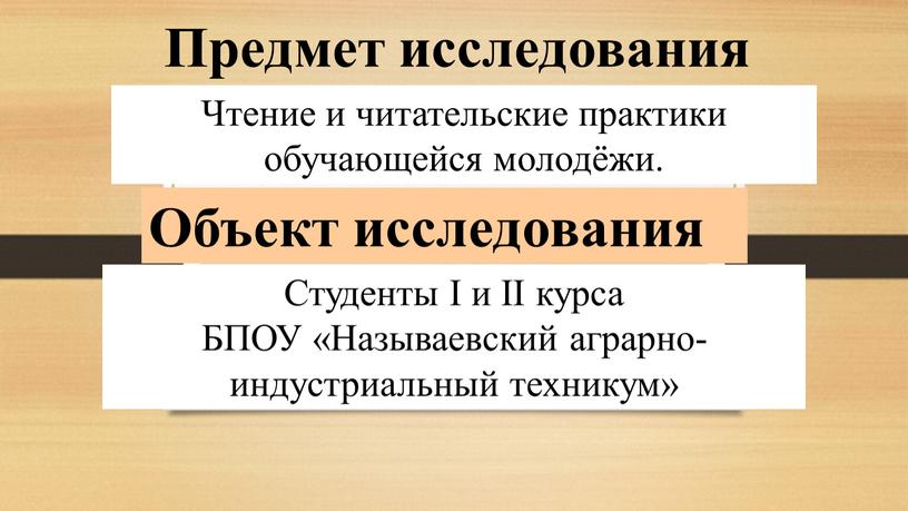 Предмет исследования Чтение и читательские практики обучающейся молодёжи