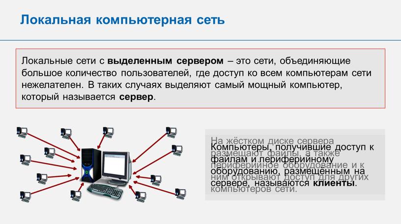 Локальная компьютерная сеть Локальные сети с выделенным сервером – это сети, объединяющие большое количество пользователей, где доступ ко всем компьютерам сети нежелателен