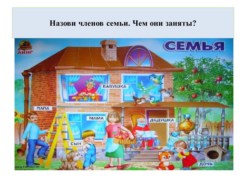 Назови членов семьи. Чем они заняты?