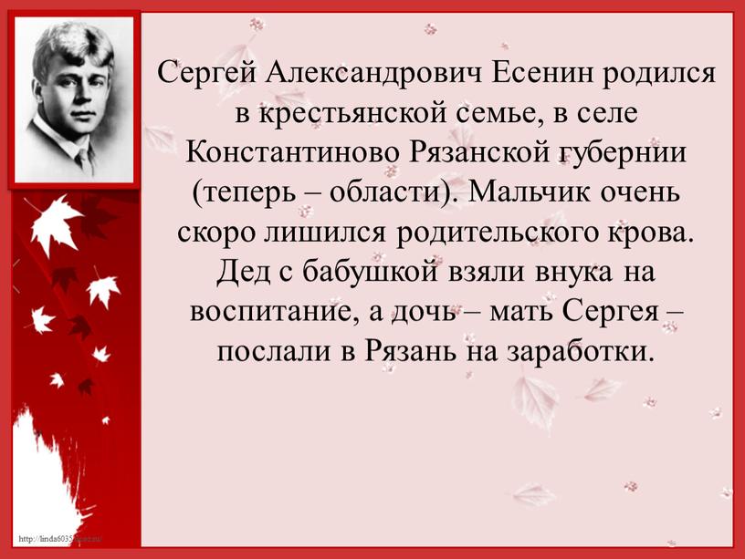 Сергей Александрович Есенин родился в крестьянской семье, в селе