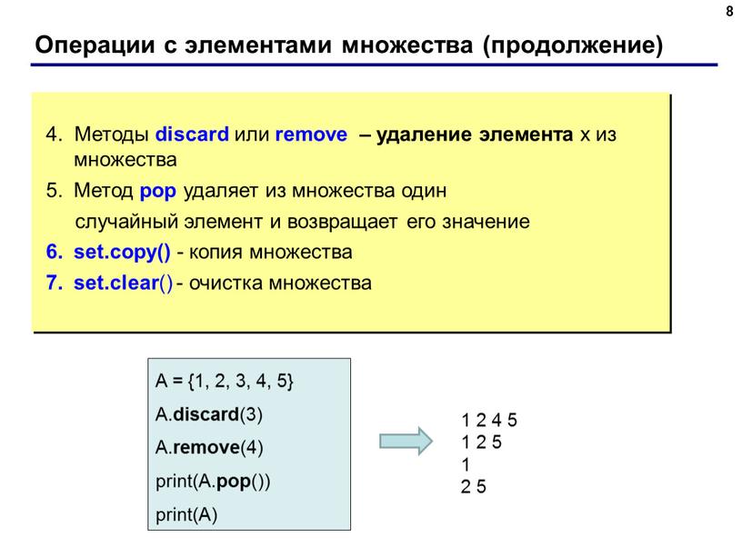 Операции с элементами множества (продолжение) 8 4