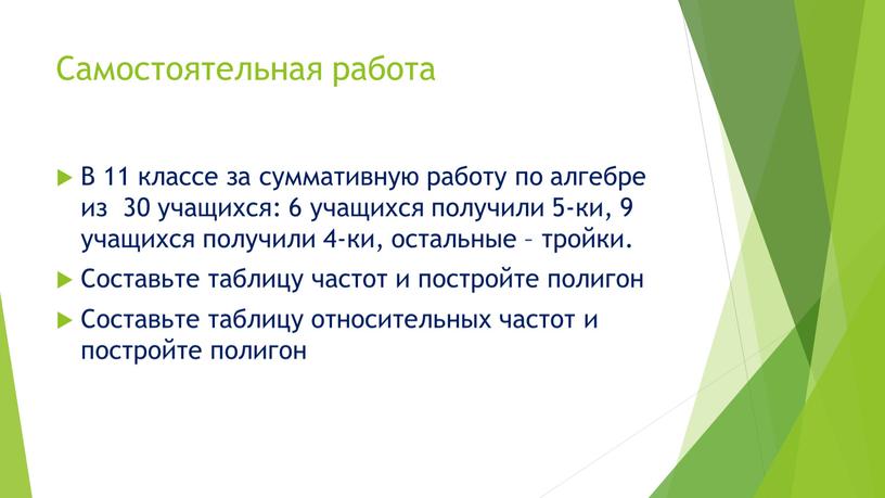 Самостоятельная работа В 11 классе за суммативную работу по алгебре из 30 учащихся: 6 учащихся получили 5-ки, 9 учащихся получили 4-ки, остальные – тройки