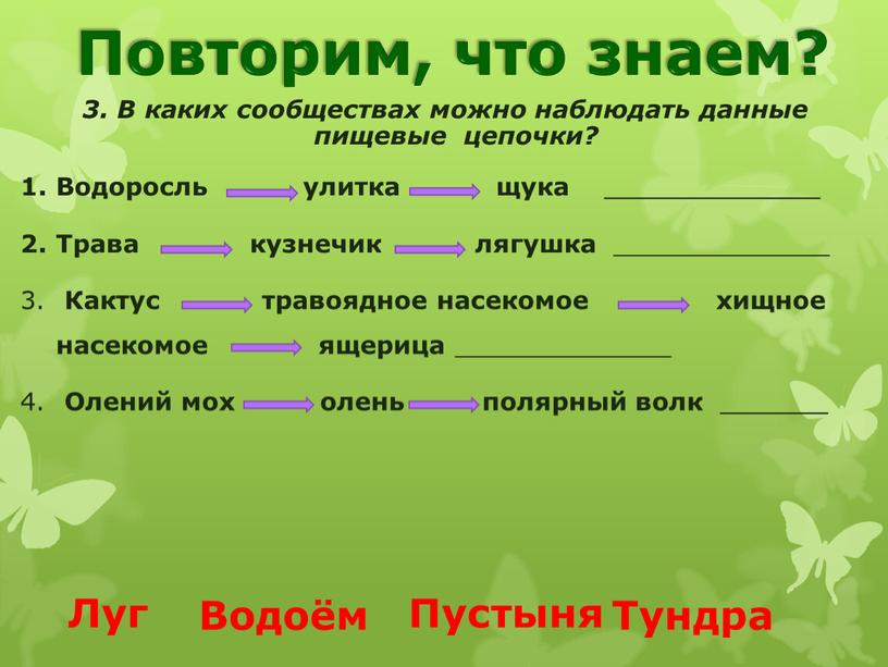 Повторим, что знаем? 3. В каких сообществах можно наблюдать данные пищевые цепочки?