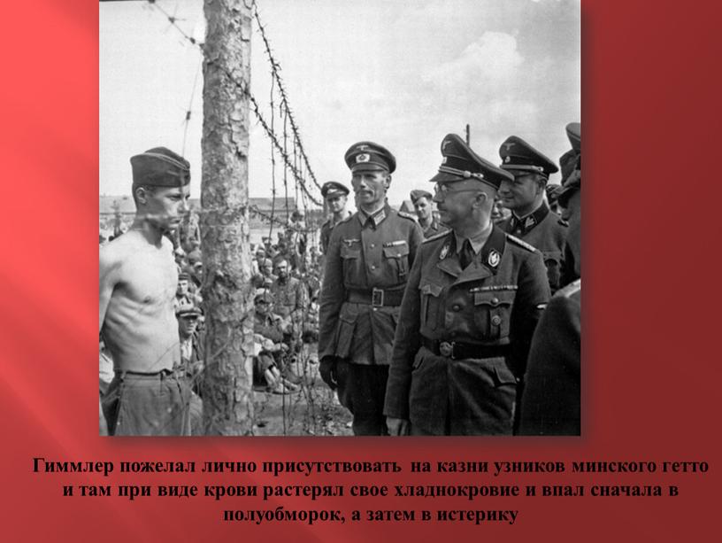 Гиммлер пожелал лично присутствовать на казни узников минского гетто и там при виде крови растерял свое хладнокровие и впал сначала в полуобморок, а затем в…