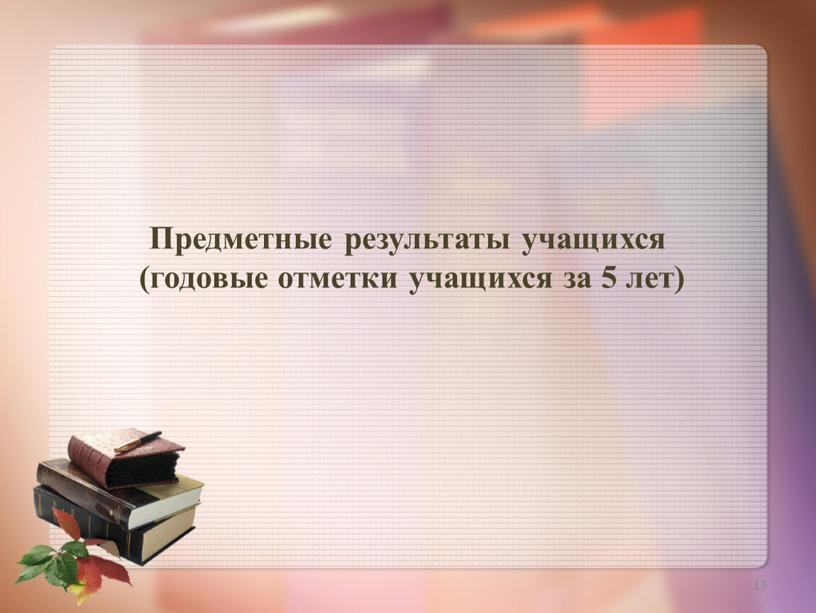 Предметные результаты учащихся (годовые отметки учащихся за 5 лет) 13