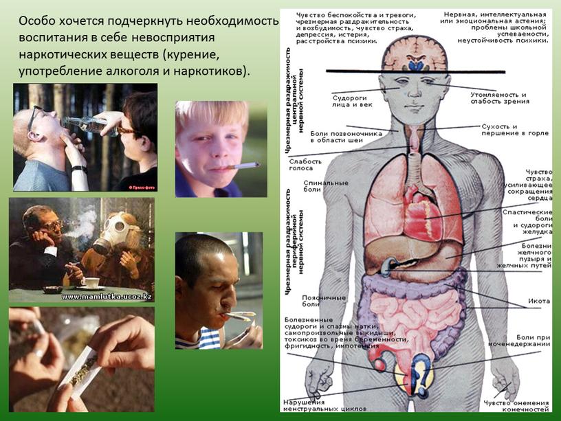 Особо хочется подчеркнуть необходимость воспитания в себе невосприятия наркотических веществ (курение, употребление алкоголя и наркотиков)