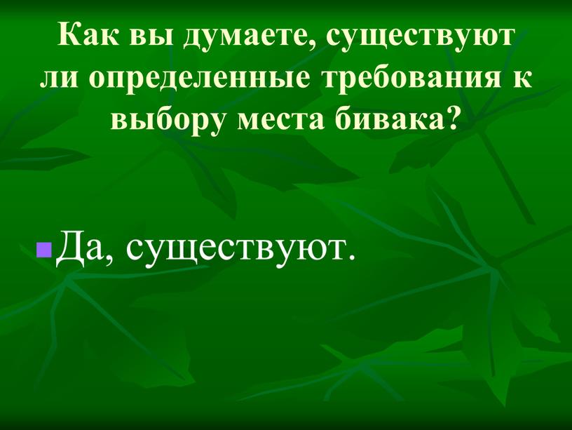 Как вы думаете, существуют ли определенные требования к выбору места бивака?