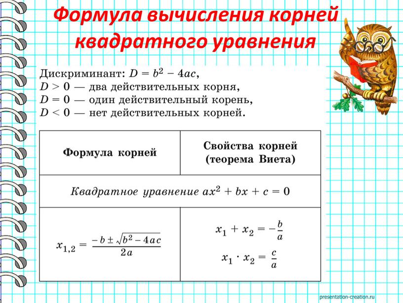 Формула вычисления корней квадратного уравнения