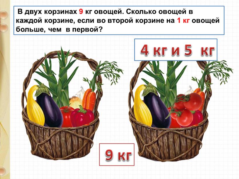 В двух корзинах 9 кг овощей. Сколько овощей в каждой корзине, если во второй корзине на 1 кг овощей больше, чем в первой? 9 кг…