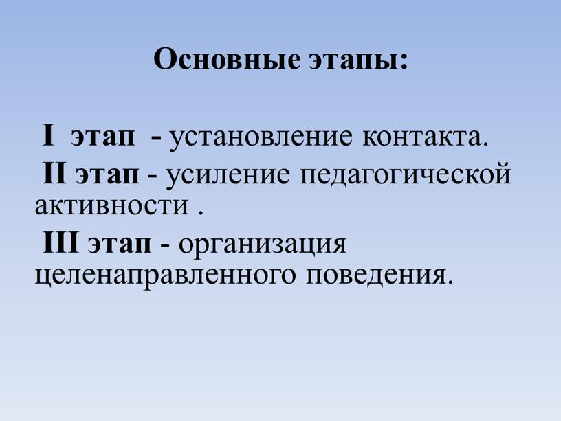 Основные этапы: I этап - установление контакта