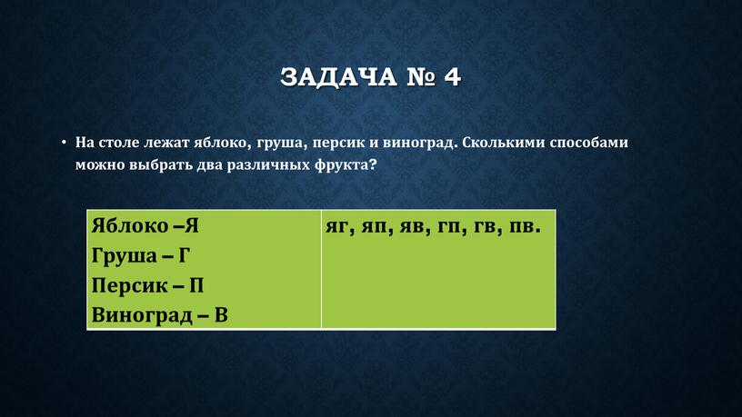 Задача № 4 На столе лежат яблоко, груша, персик и виноград