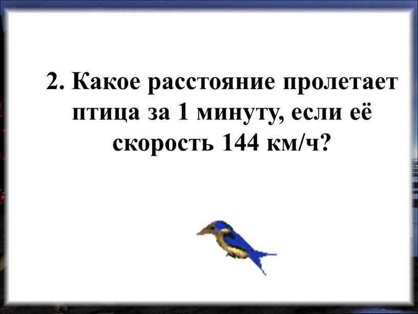 Какое расстояние пролетает птица за 1 минуту, если её скорость 144 км/ч?
