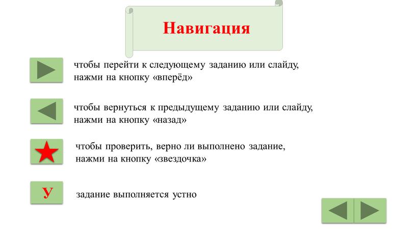 Навигация У чтобы перейти к следующему заданию или слайду, нажми на кнопку «вперёд» чтобы вернуться к предыдущему заданию или слайду, нажми на кнопку «назад» чтобы…