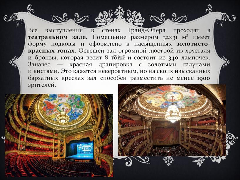 Все выступления в стенах Гранд-Опера проходят в театральном зале