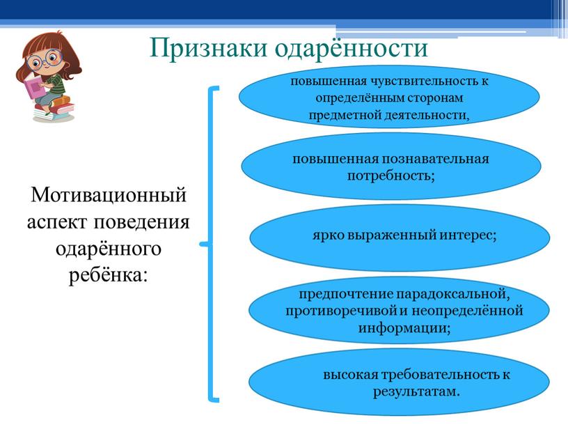 Признаки одарённости повышенная чувствительность к определённым сторонам предметной деятельности, повышенная познавательная потребность; ярко выраженный интерес; предпочтение парадоксальной, противоречивой и неопределённой информации; высокая требовательность к результатам