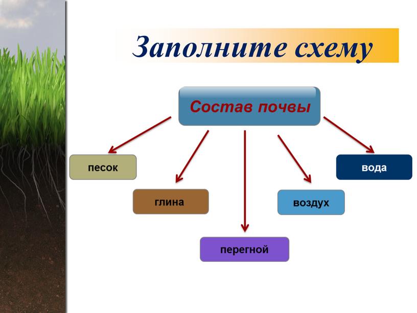 Заполните схему глина песок воздух вода перегной