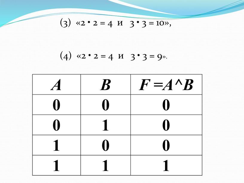 (3) «2 • 2 = 4 и 3 • 3 = 10», (4) «2 • 2 = 4 и 3 • 3 = 9». А…