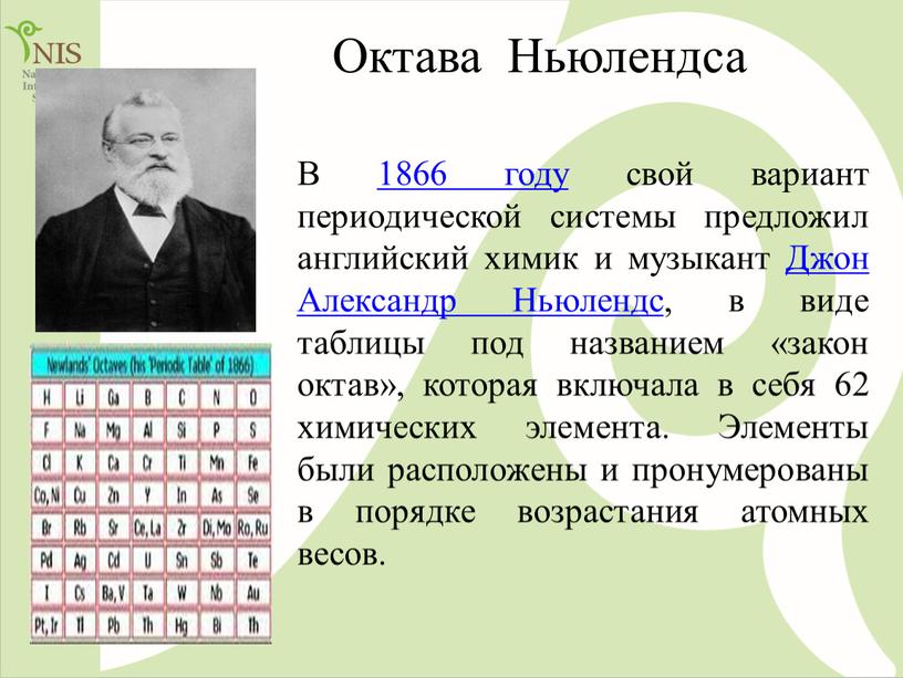 Октава Ньюлендса В 1866 году свой вариант периодической системы предложил английский химик и музыкант