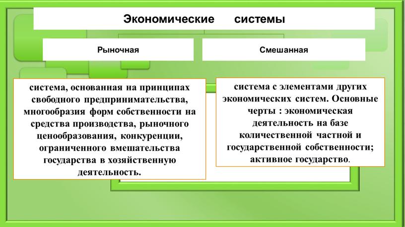 Основные черты : экономическая деятельность на базе количественной частной и государственной собственности; активное государство