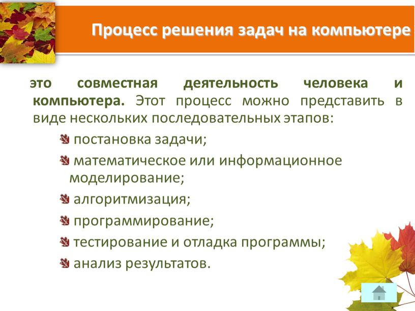 Процесс решения задач на компьютере это совместная деятельность человека и компьютера