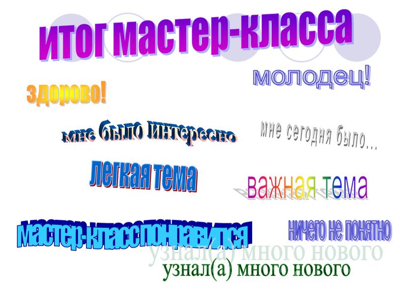 итог мастер-класса здорово! молодец! мастер-класс понравился важная тема легкая тема мне было интересно узнал(а) много нового ничего не понятно мне сегодня было...