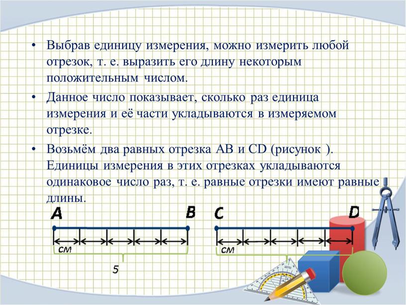 Выбрав единицу измерения, можно измерить любой отрезок, т