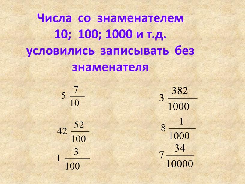 Числа со знаменателем 10; 100; 1000 и т